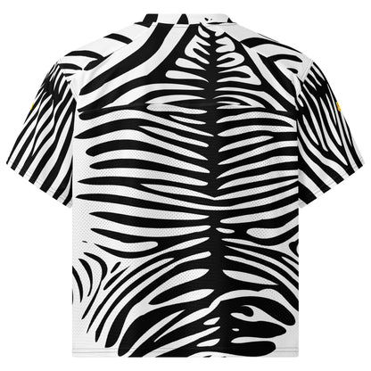 Weit geschnittenes Football-Trikot mit Zebra-Muster, atmungsaktivem Mesh-Unterteil und seidigem Obermaterial, perfekt für Sport und Streetstyle.