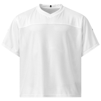 Weit geschnittenes Football-Trikot in Weiß mit atmungsaktivem Mesh-Unterteil und seidigem Stretch-Oberteil, ideale Passform für Sport.
