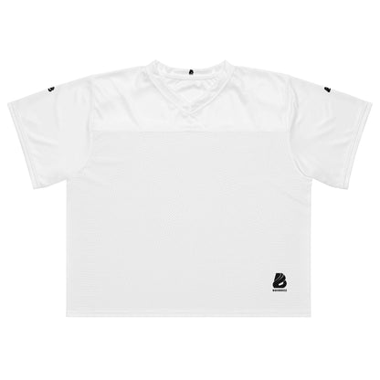 Weit geschnittenes Football-Trikot mit atmungsaktivem, feuchtigkeitsabsorbierendem Mesh und seidigem Stretch-Oberteil in Weiß.