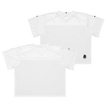 Weit geschnittenes Football-Trikot, weiß, rückseitige und vorderseitige Ansicht, atmungsaktiv, ideal für Sport und Streetstyle.