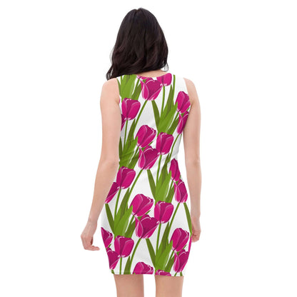 Woman wearing Sublimation-Cut-&-Sew-Kleid N°6 with floral print, showcasing vibrant tulip pattern, four-way stretch fabric.