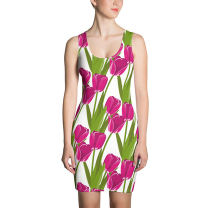 Sublimation-Cut-&-Sew-Kleid N°6 with vibrant floral print, body-hugging fit, made of 82% polyester, 18% elastane, comfortable four-way stretch.