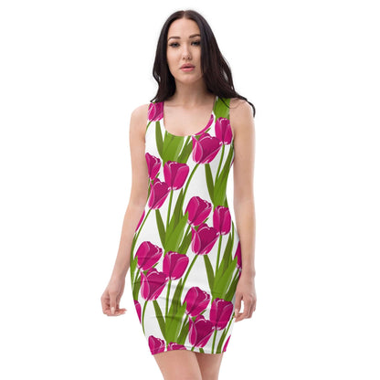 Woman wearing a Sublimation-Cut-&-Sew-Kleid N°6, vibrant floral pattern dress with pink flowers and green leaves, showcasing four-way stretch fabric.
