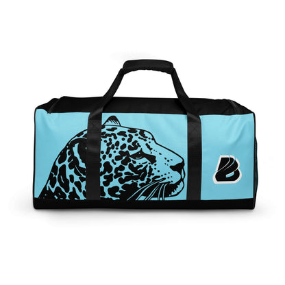 Weekender N°27 - Stylish blue duffel bag with leopard design, perfect for travel, daily errands, and gym use, featuring adjustable straps.
