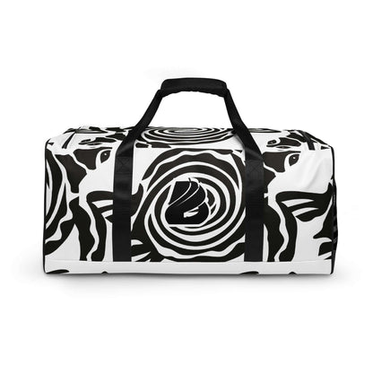 Weekender N°28 in black and white abstract design, spacious and versatile duffel bag with adjustable shoulder straps for travel and gym use.