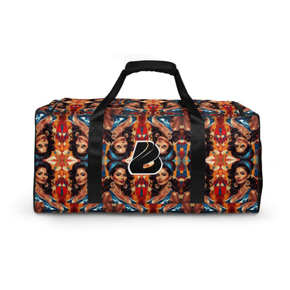 Colorful Weekender bag with artistic prints, ideal for travel, daily errands, gym use, featuring multiple pockets and adjustable straps.