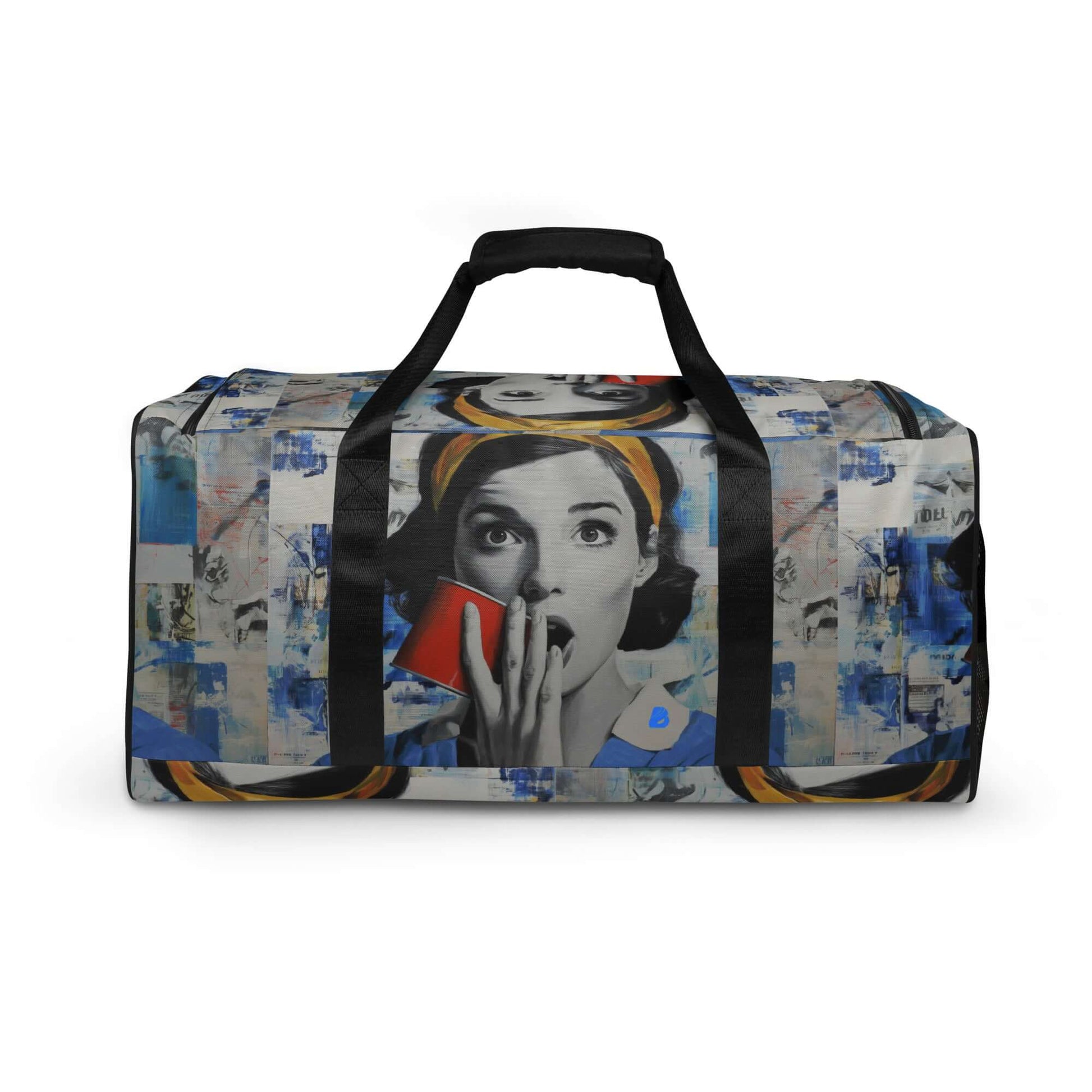 Colorful Weekender bag with art print, featuring adjustable padded straps and multiple pockets, ideal for travel, errands, or gym.