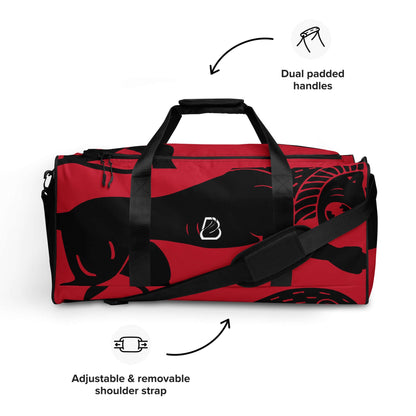 Red Weekender N°26 with dual padded handles and adjustable strap, perfect travel and gym bag with multiple compartments.