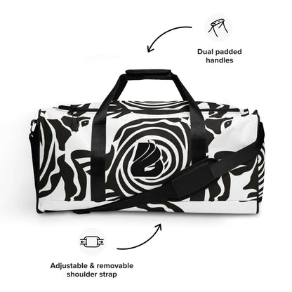 Weekender N°28 duffel bag with zebra pattern, features dual padded handles and adjustable shoulder strap.