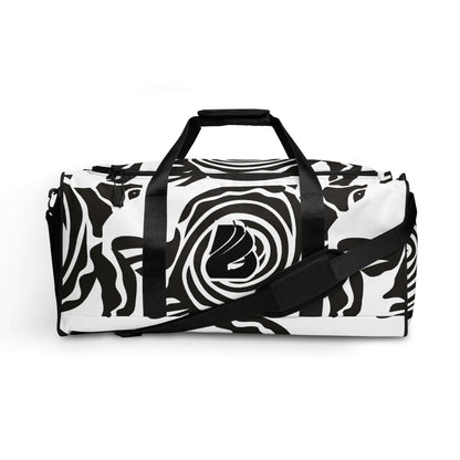Weekender N°28 travel bag with abstract black and white pattern, adjustable shoulder straps, and multiple compartments.
