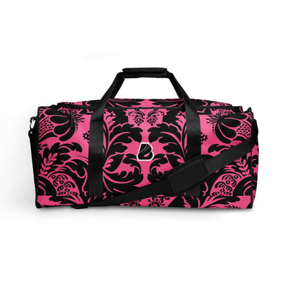 Stylish pink and black duffel bag with floral design, ideal for travel and fitness. Perfect Weekender N°29 for convenient packing.