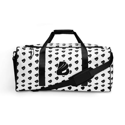 White and black Weekender N°30 bag with adjustable straps, ideal for travel and daily use.