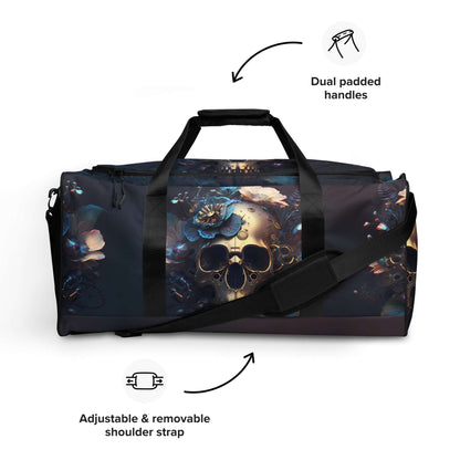 Weekender N°31 travel bag with skull design, adjustable shoulder strap, dual padded handles, spacious with multiple pockets.
