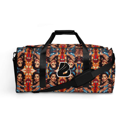 Colorful patterned Weekender bag with adjustable shoulder strap, featuring multiple pockets for organization and travel convenience.