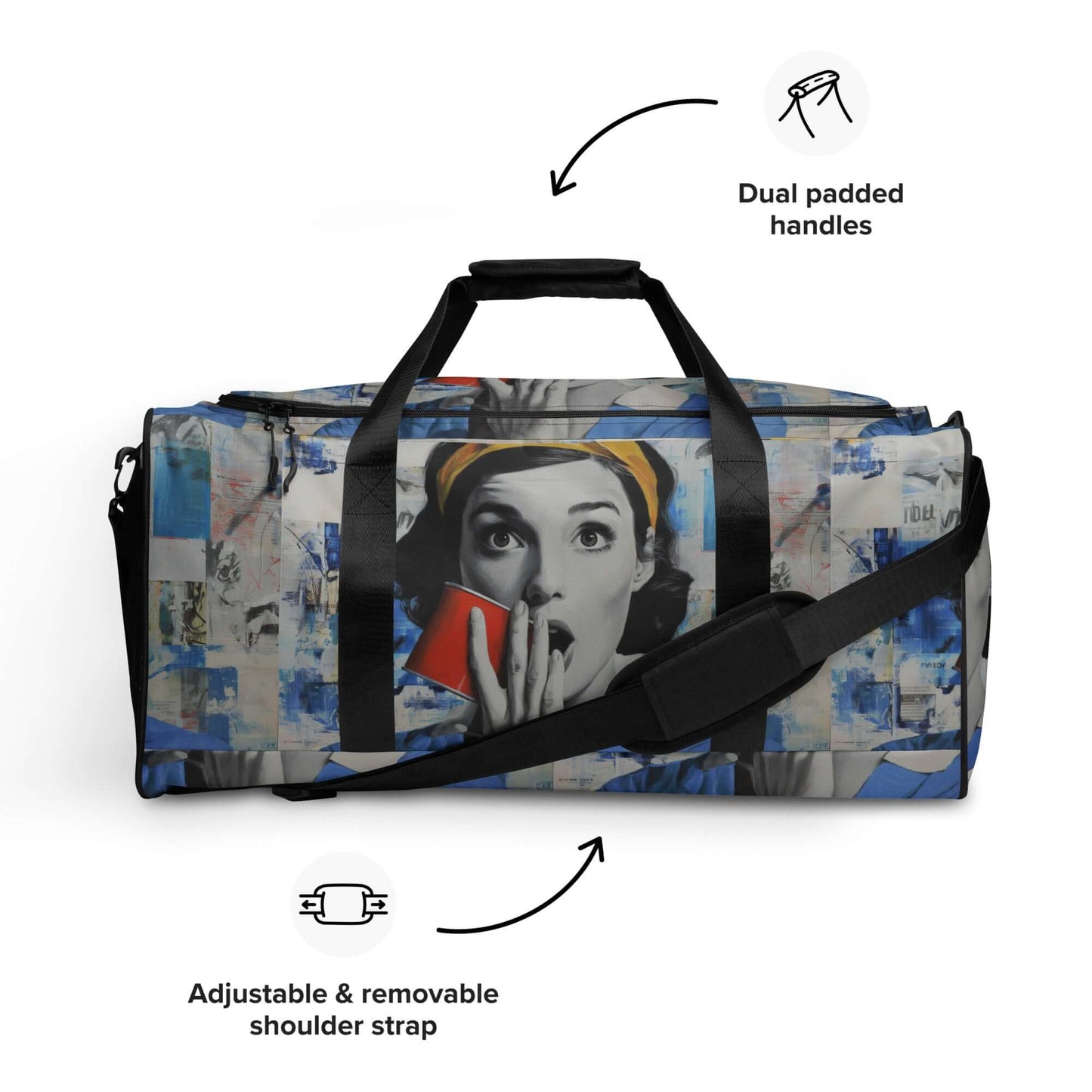 Stylish Weekender bag with pop art design, featuring adjustable and removable shoulder strap and dual padded handles.