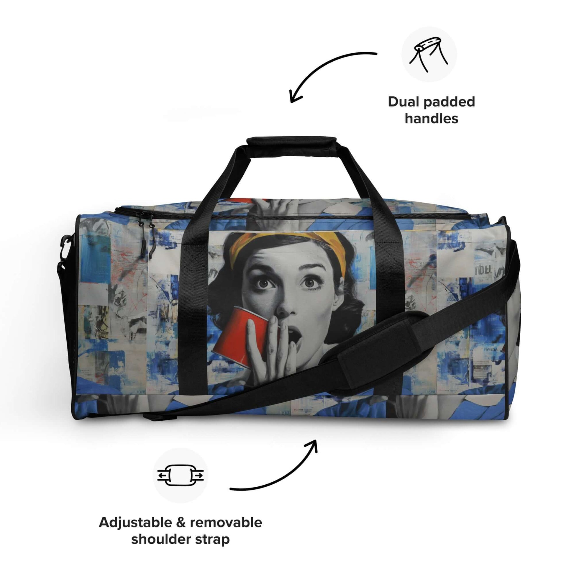 Stylish Weekender bag with pop art design, featuring adjustable and removable shoulder strap and dual padded handles.