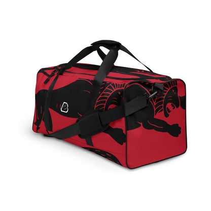 Weekender N°26 travel bag in red with black abstract design, spacious pockets, adjustable straps for travel, gym, or everyday use.