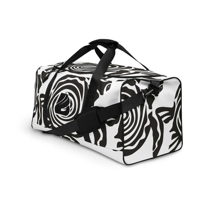Weekender N°28 stylish travel bag with abstract black and white pattern, adjustable padded shoulder strap, ideal for gym or travel.
