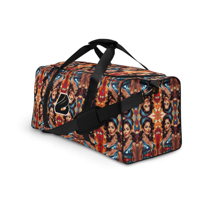 Colorful geometric pattern Weekender bag with multiple portrait designs, featuring adjustable straps and spacious interior for versatile use.