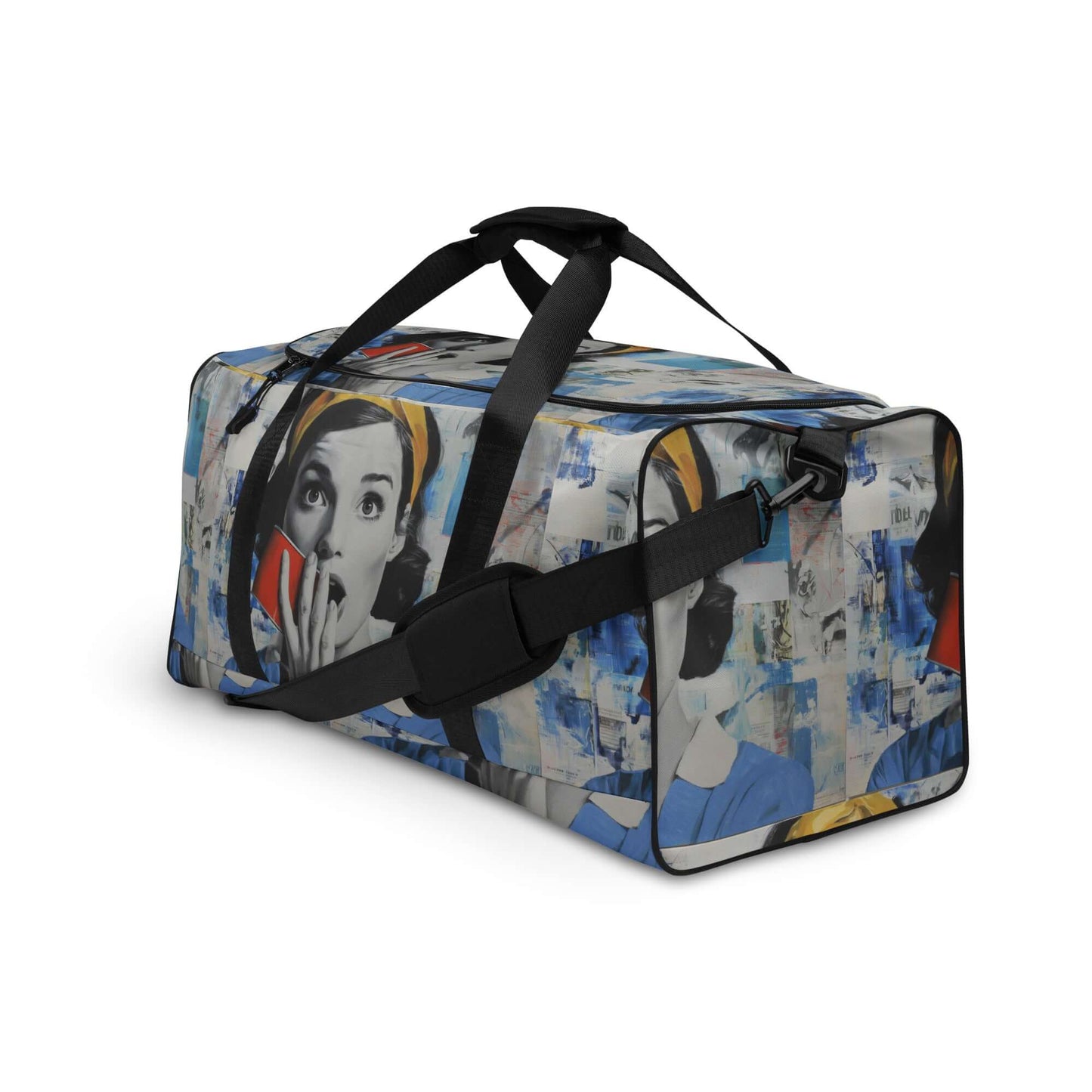 Colorful Weekender bag with graphic print, adjustable padded shoulder straps, and multiple compartments, ideal for travel and gym use.