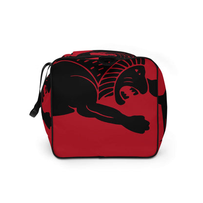 Weekender N°26 bag in red with black design, perfect for travel, daily errands, and gym use, featuring adjustable padded shoulder straps.