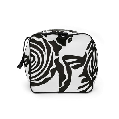Stylish black and white Weekender N°28 with artistic pattern, perfect for travel or daily use, featuring adjustable shoulder straps.