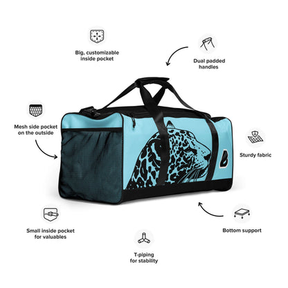 Weekender N°27 duffel bag with leopard design, customizable pockets, padded handles, and sturdy fabric for travel and gym use.