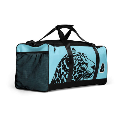 Stylish aqua and black Weekender N°27 bag with leopard design, ideal for travel, daily errands, and gym use.