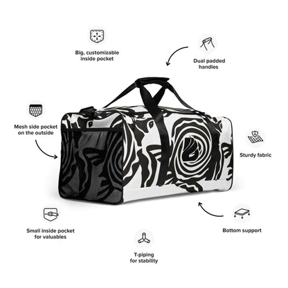 Black and white Weekender N°28 bag with spacious interior, multi pockets, adjustable shoulder straps, and sturdy design for travel or gym use.