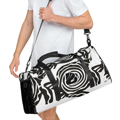 Weekender N°28 in monochrome swirl design, versatile bag for travel and daily use, with adjustable padded shoulder straps.