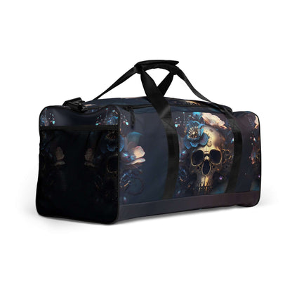 Weekender N°31 travel bag with skull and floral design, perfect for trips and gym use, featuring adjustable shoulder straps and zipper pocket.