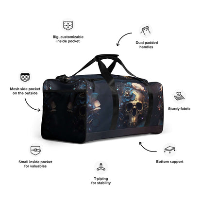 Weekender N°31 bag with skull design, dual padded handles, multiple pockets, and sturdy fabric, perfect for travel and gym use.