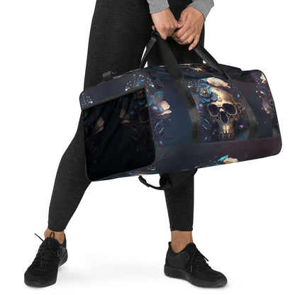 Person carrying Weekender N°31 bag with skull design, ideal for travel, daily errands, and gym with adjustable padded shoulder straps.