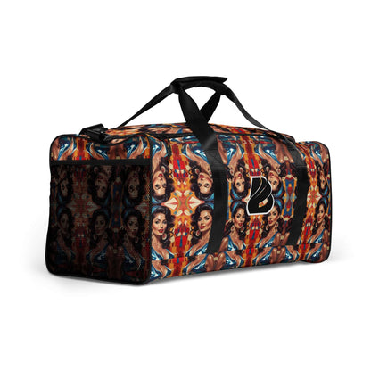 Colorful patterned Weekender bag with adjustable shoulder straps and multiple pockets, ideal for travel or daily use.