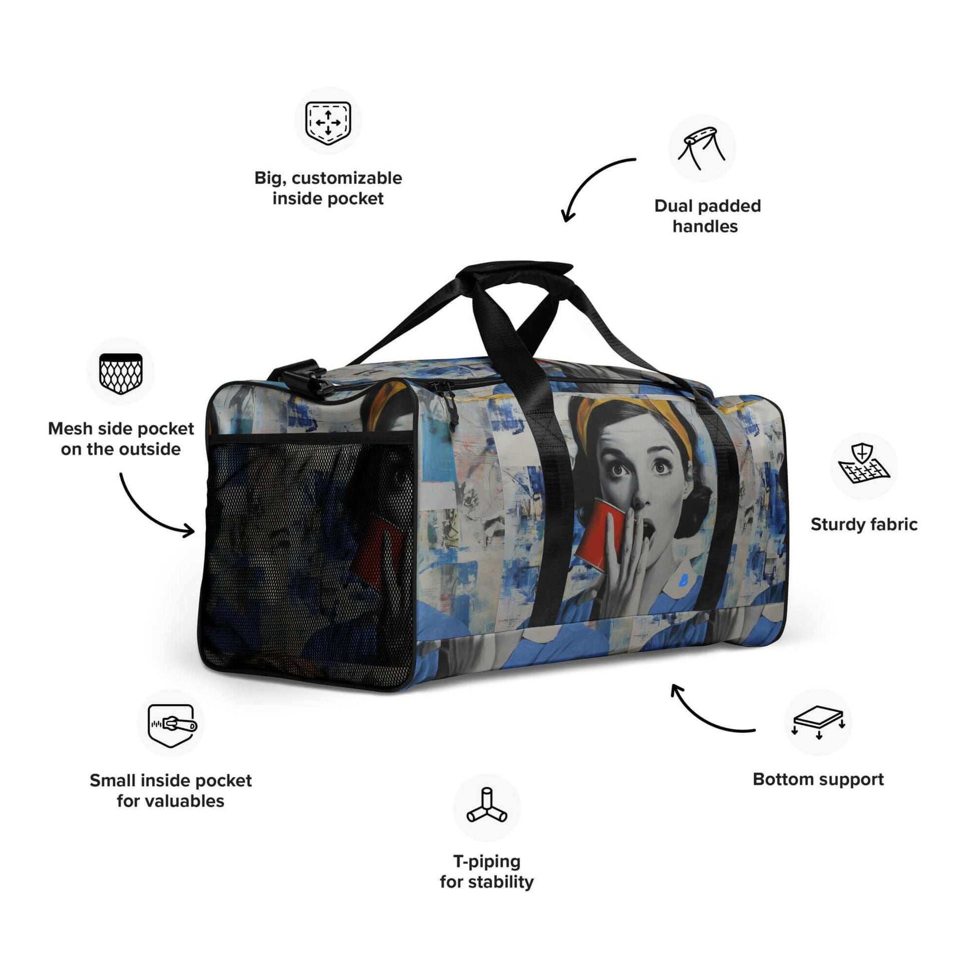Weekender bag with graffiti design, featuring spacious compartments, padded handles, and secure pockets for travel or gym use.