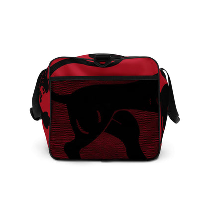Red and black Weekender N°26 travel bag with adjustable padded shoulder straps, ideal for gym, travel, and daily errands.