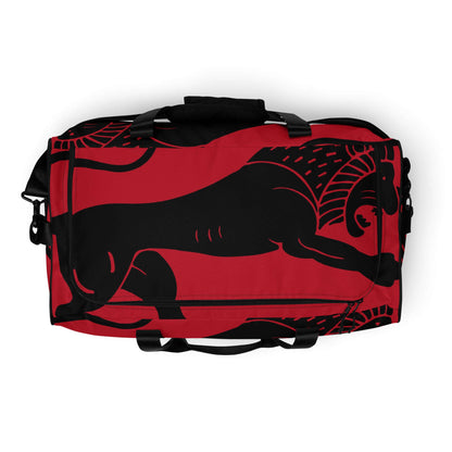 Weekender N°26 in red and black with lion design, ideal for travel, daily errands, and gym, features multiple pockets and padded straps.