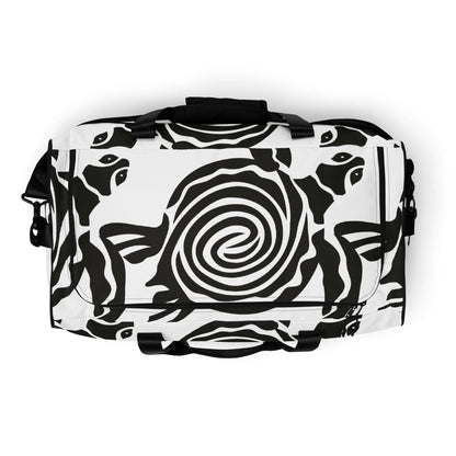 Stylish Weekender N°28 bag with black and white swirl pattern, ideal for travel and daily use.