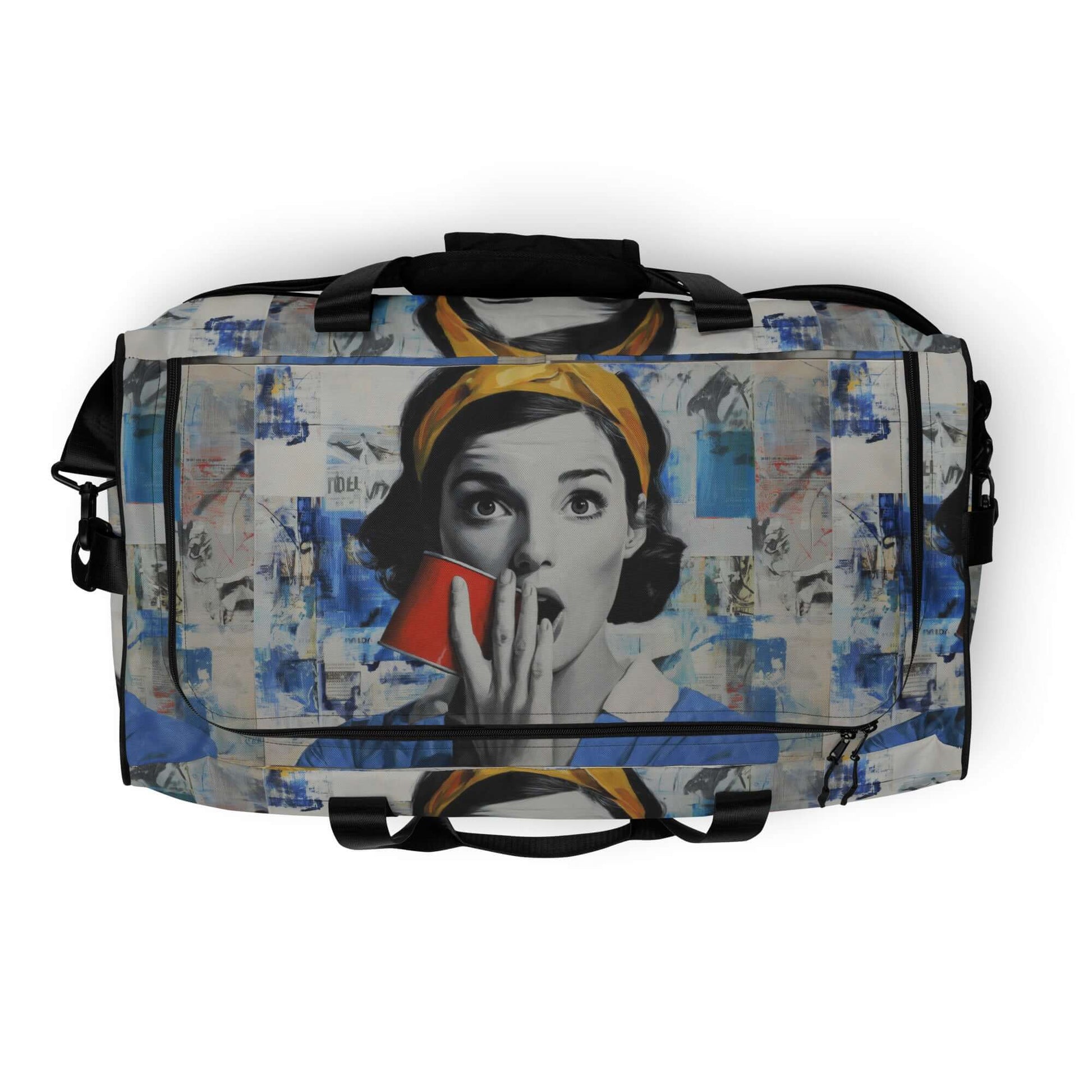 Design Weekender bag featuring a vintage pop art image of a surprised woman. Ideal for travel, gym, or daily use with ample space and pockets.