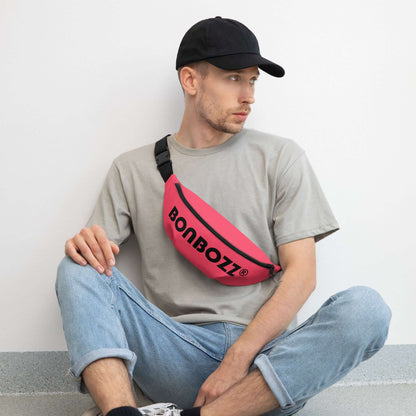 Casual model wearing Gürteltasche N°29, stylish red design, adjustable strap, perfect for travel and festivals.