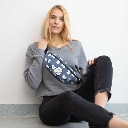 Woman sitting with Gürteltasche N°32, stylish and adjustable bag for travel and festivals, featuring an inner pocket and polyester design.