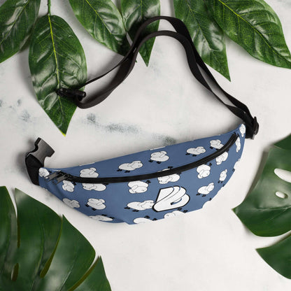 Gürteltasche N°32 with adjustable strap and fun print, ideal for festivals, vacations, or hands-free convenience, leaves background.