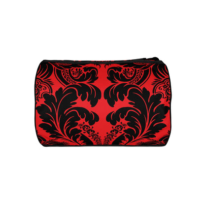 Allover-Print-Sporttasche N°5 in vibrant red with black decorative pattern, made of waterproof polyester, ideal for fitness and sports.