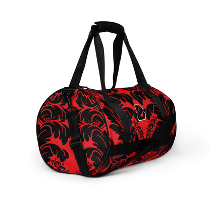 Red and black patterned Allover-Print-Sporttasche N°5 with reinforced bottom, ideal for fitness, made from waterproof polyester.