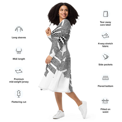 Langärmliges Midikleid mit Allover-Druck N°4, weiches Material, schmeichelnder Schnitt, mit Taschen und ausgestelltem Saum, perfekte Silhouette