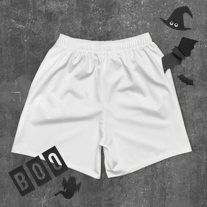 White Recycelte Sport-Shorts für Herren N°1 with Halloween decorations on a grey background.