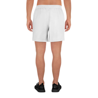 Rückansicht von Recycelte Sport-Shorts für Herren N°1 in weiß mit elastischem Bund, ideal zum Laufen, Schwimmen und Krafttraining.