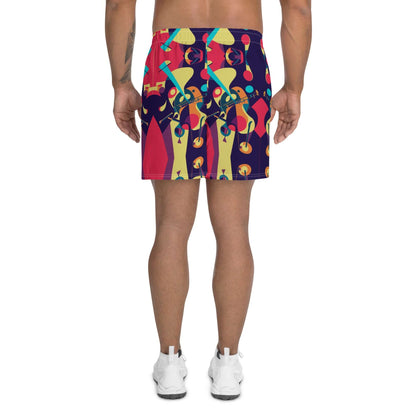 Mann trägt Recycelte Sport-Shorts für Herren N°3 mit buntem Muster, Rückansicht, Vier-Wege-Stretch, atmungsaktiv und umweltfreundlich