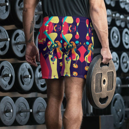 Mann im Fitnessstudio trägt Recycelte Sport-Shorts für Herren N°3, hebt Gewichte, zeigt farbenfrohes, langlebiges Design