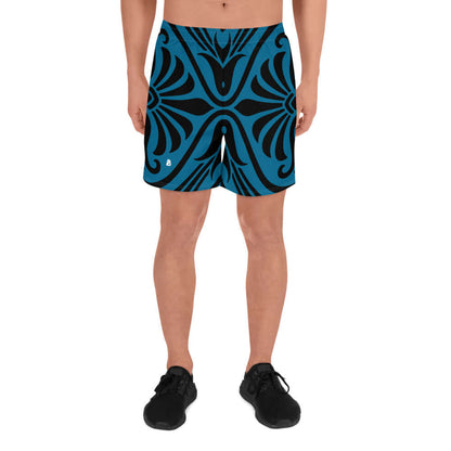 Recycelte Sport-Shorts für Herren N°2 in blau-schwarz mit einzigartigem Muster, ideal für Fitness und Freizeitaktivitäten.